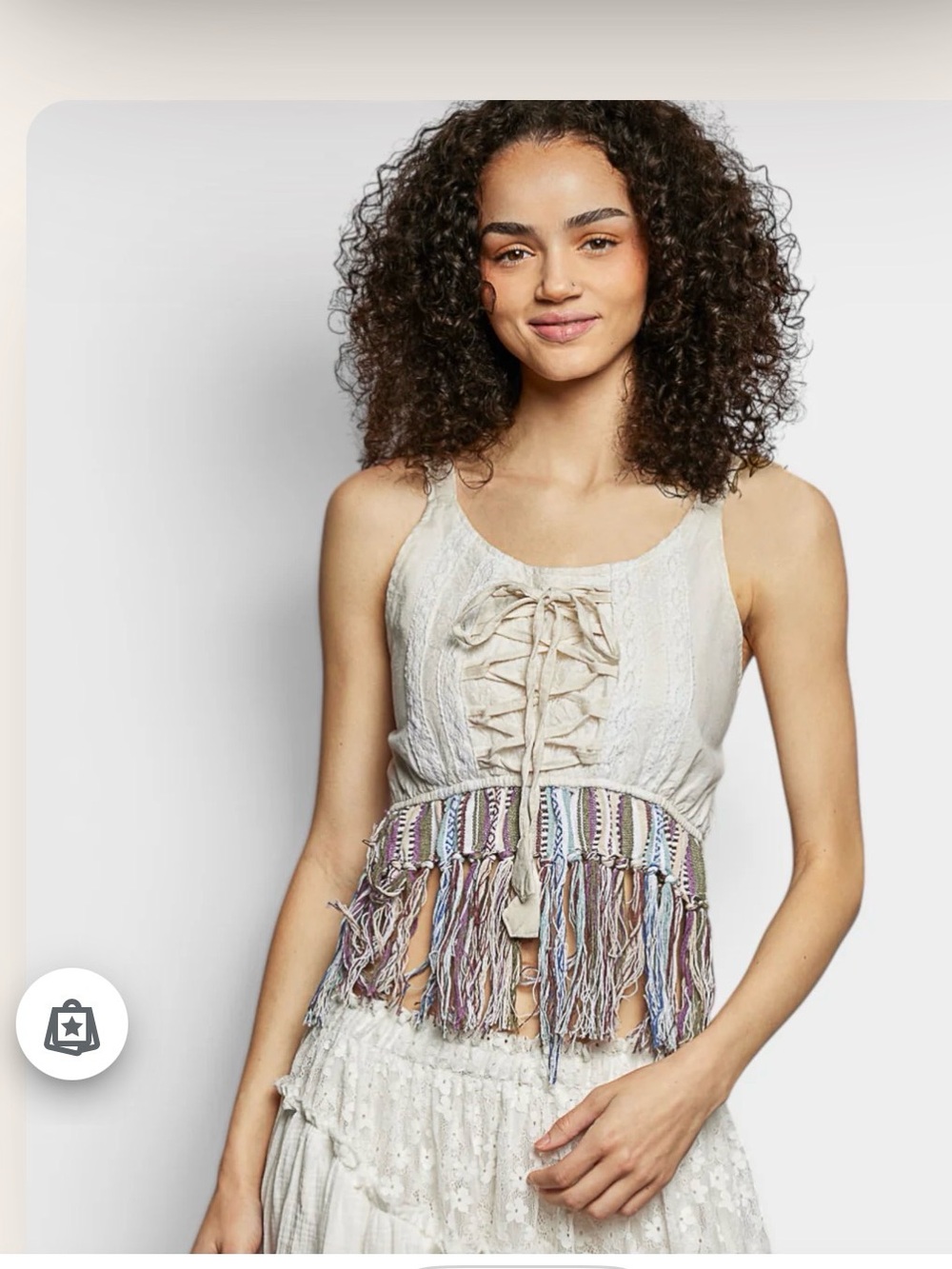 POL Cream Lace-Up Crop Top with Multicolor Fringe